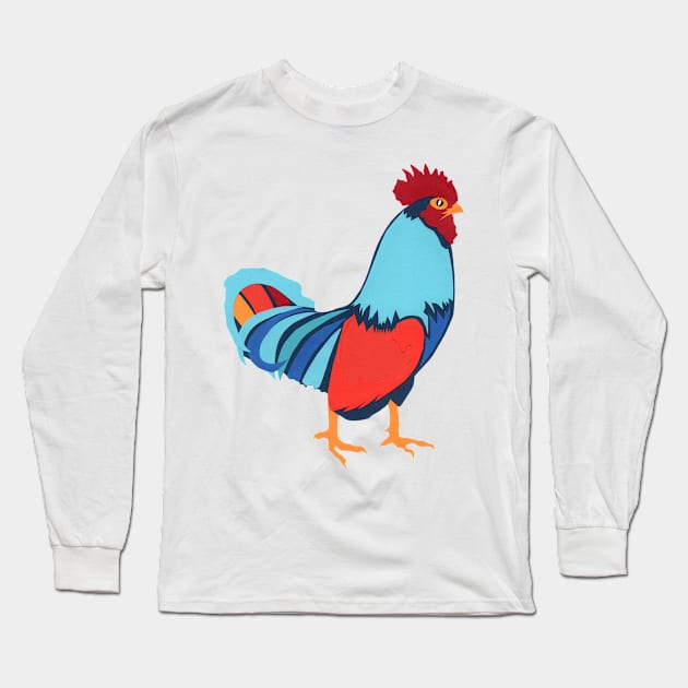 Chicken Blue Red Orange Gold Original Paper Art Hand Cut Long Sleeve T-Shirt by VegShop